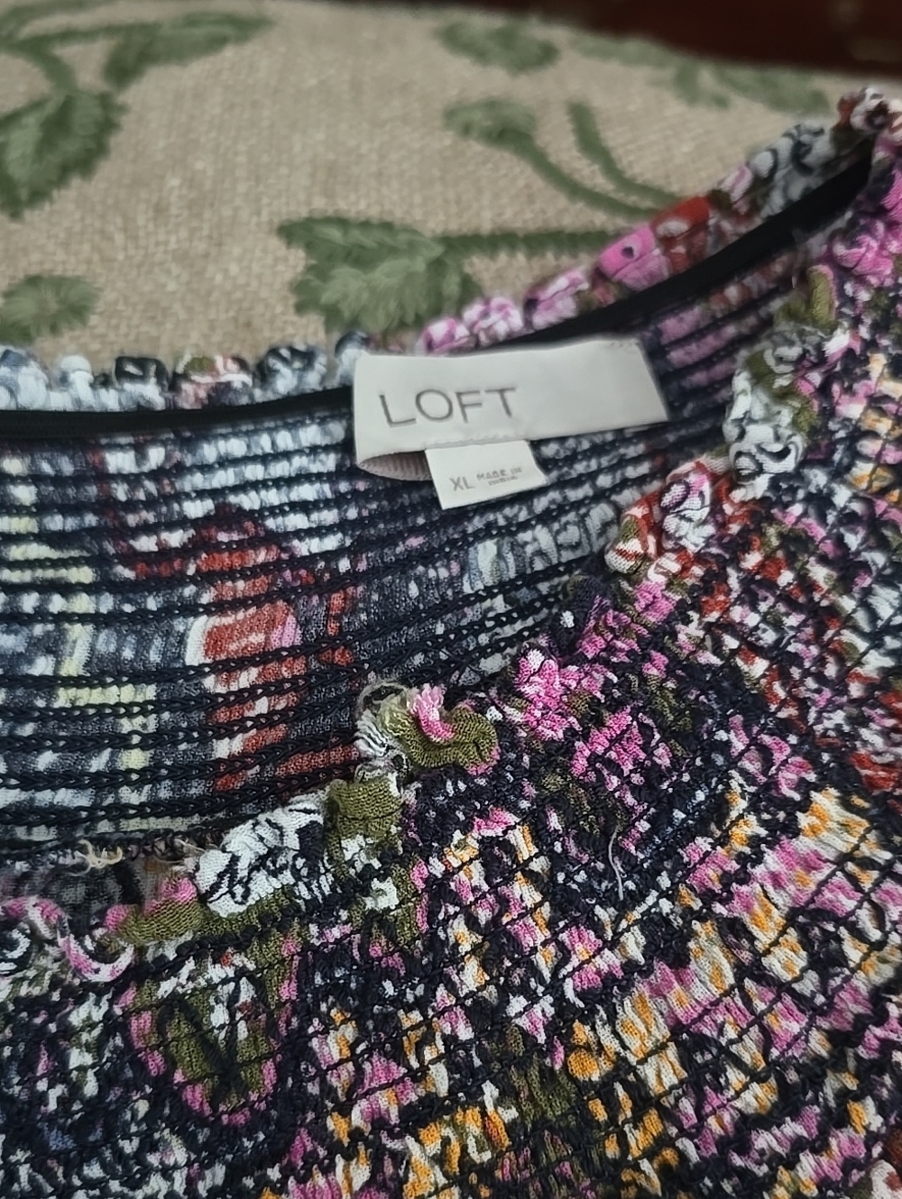 LOFT Black Floral Smocked Top with Pink & Olive Accents